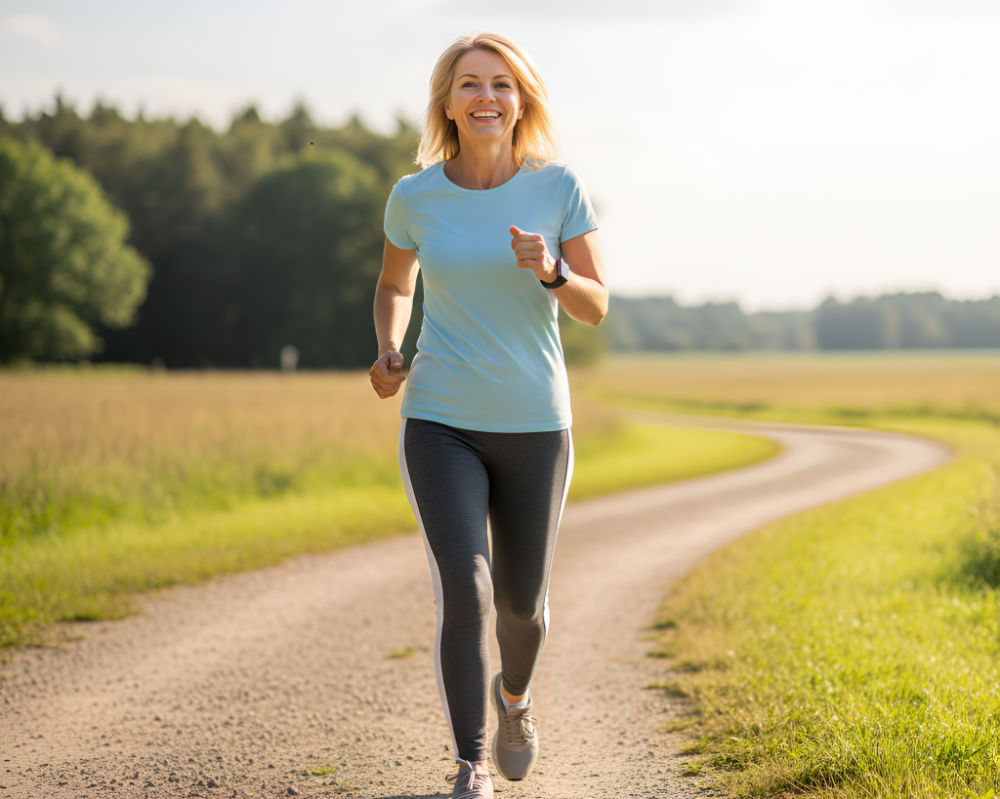 Blonde woman in light blue shirt jogging on a dirt road.