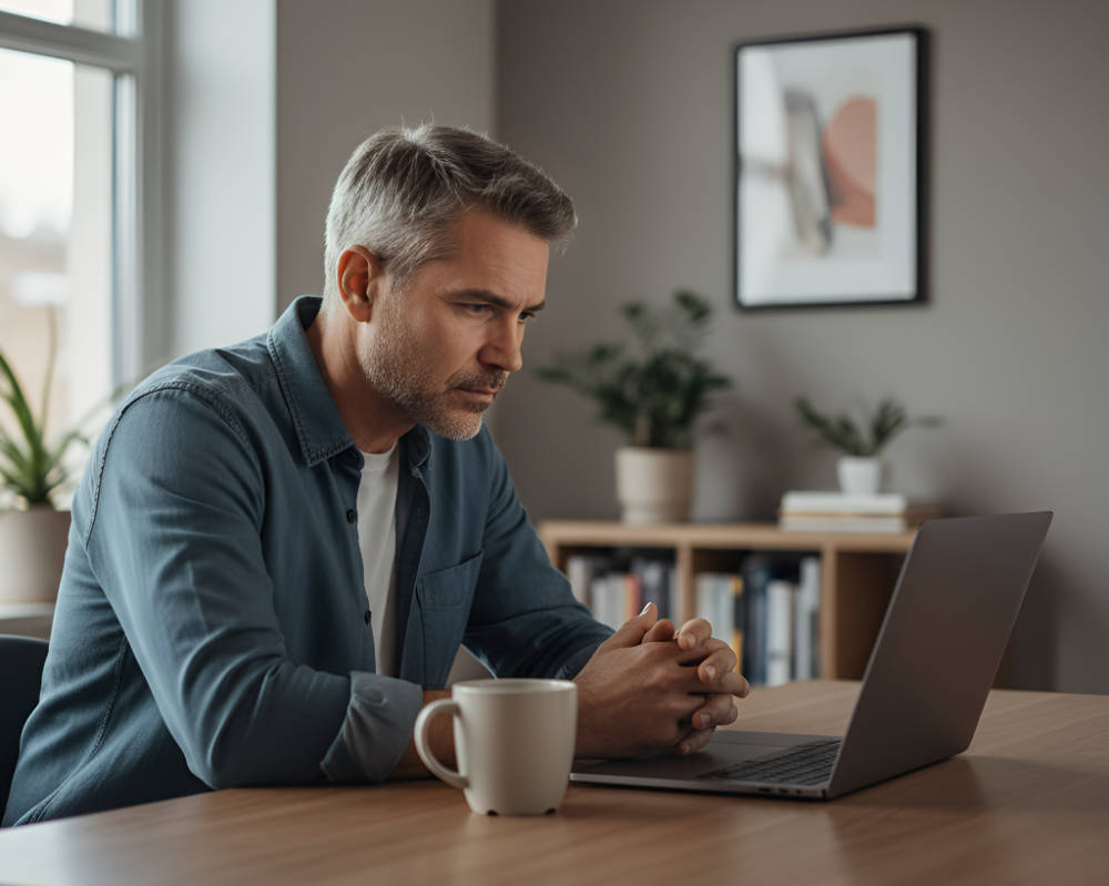 Man sitting at a table with hands clasped together