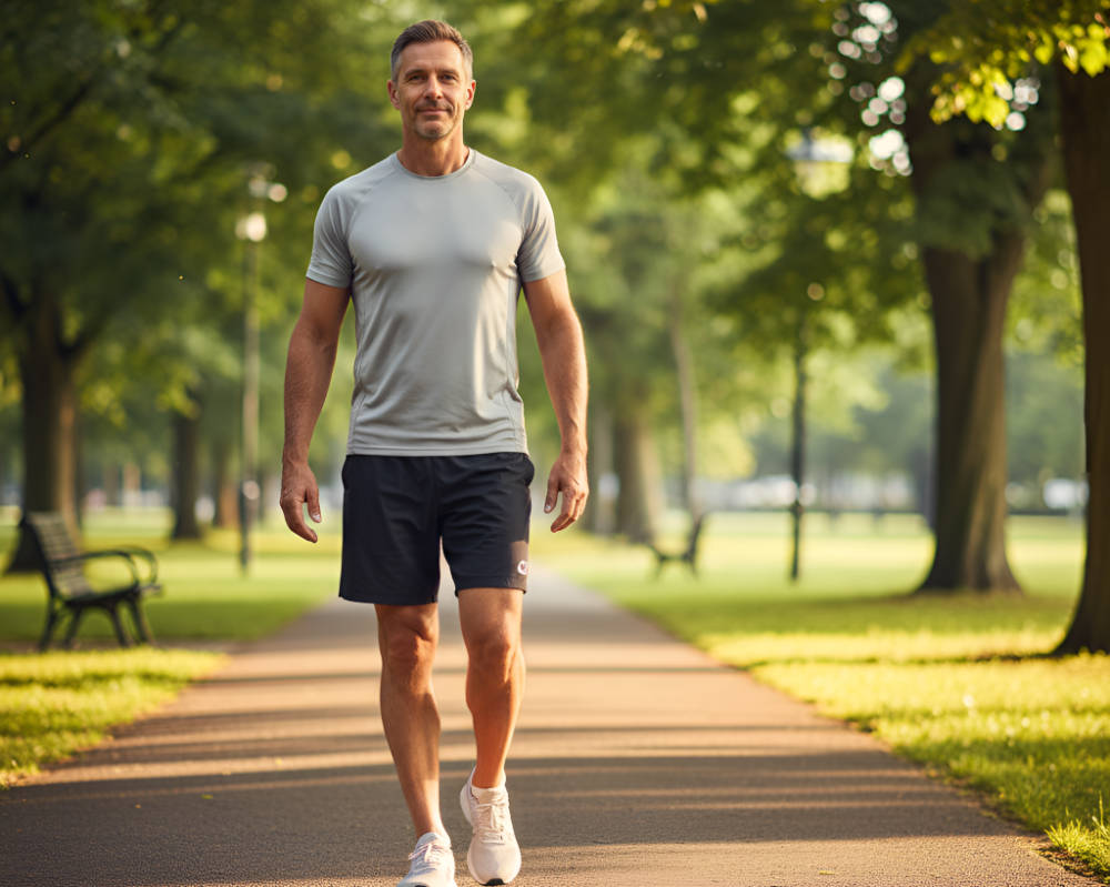 Man walking a path in gray shirt and dark blue shorts
