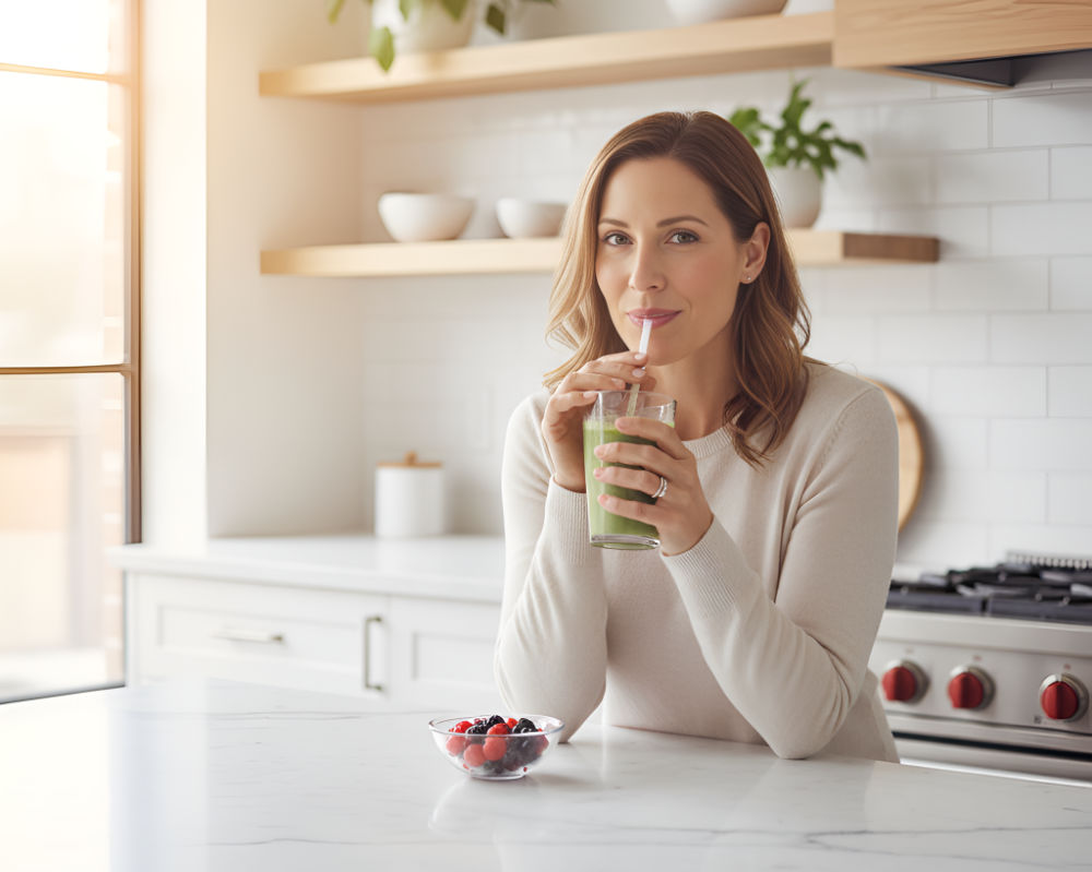 Woman drinking from a smoothie from a straw, holding glass in both hands with elbows on the kitchen island