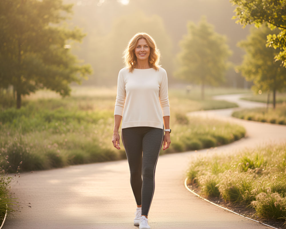 Woman in cream top walking on path outdoors