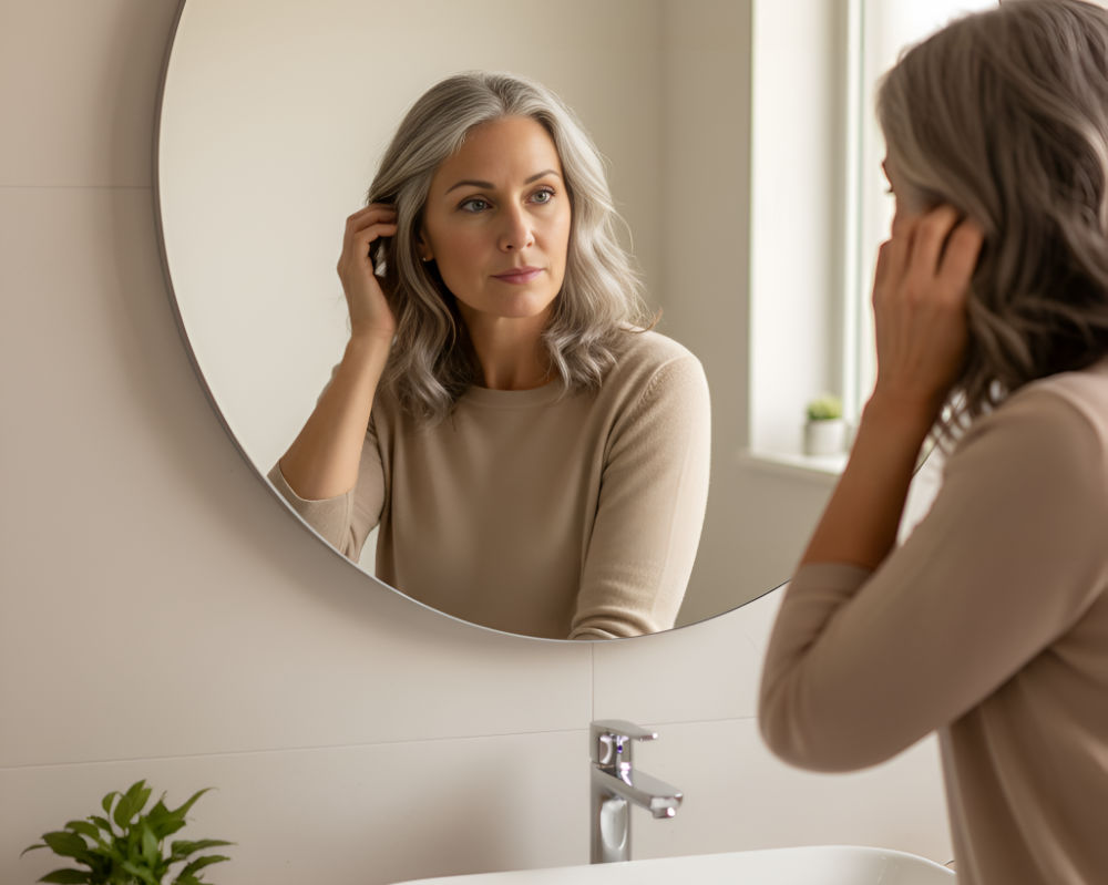 Woman looking into a mirror
