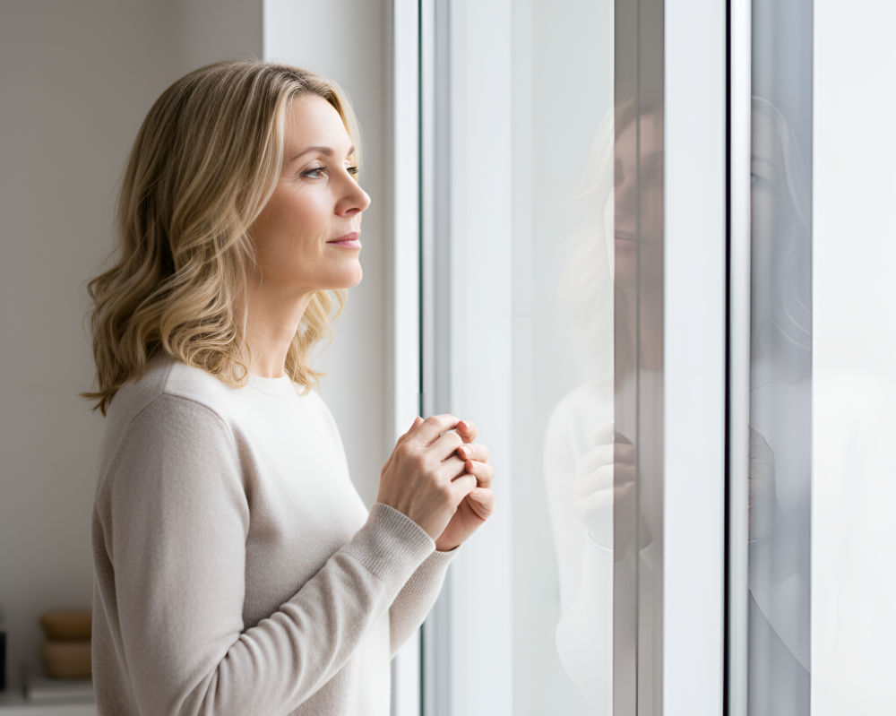 Woman looking out the window with melancholy look