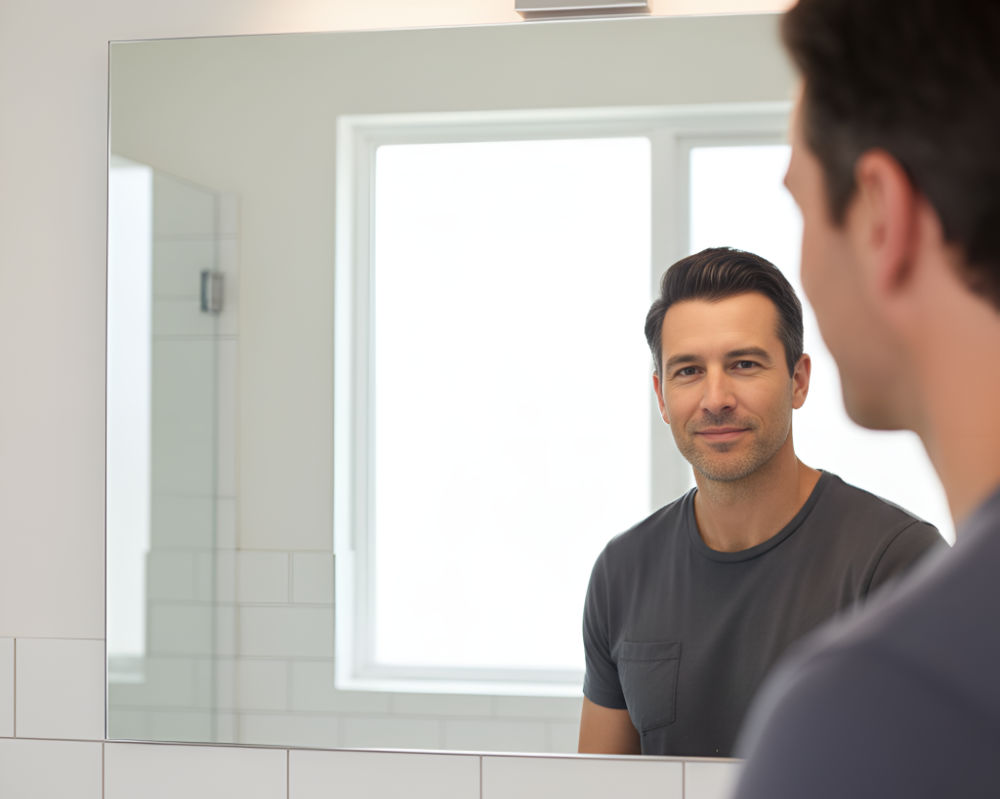 Man looking in mirror for hair restoration image