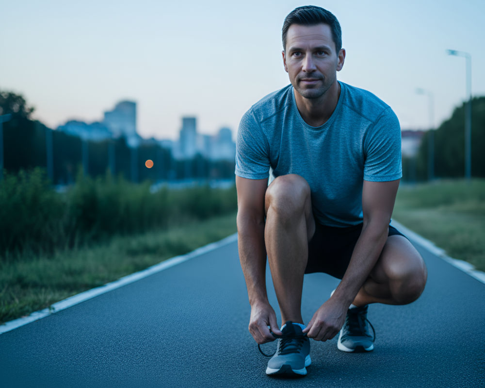 Man tying shoe laces getting ready for a run on the road