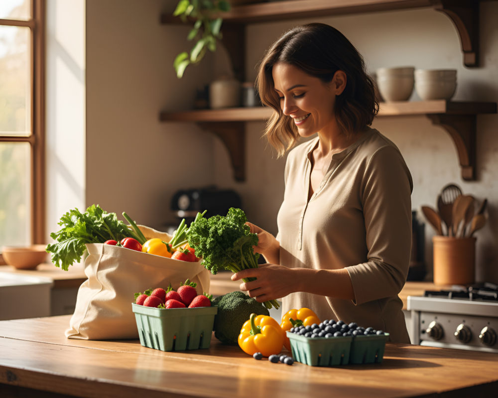 Woman with healthy food unpacking groceries