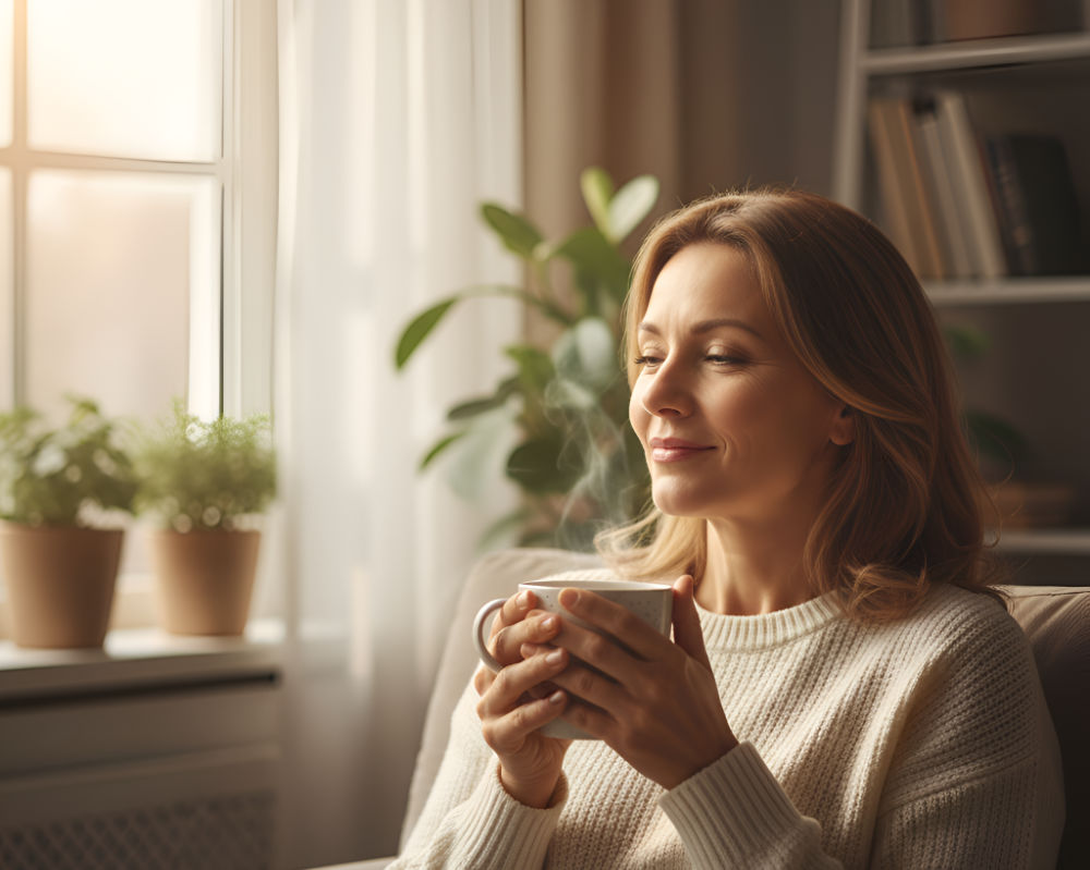 Woman sitting down with serene look on her face holding a cup of tea